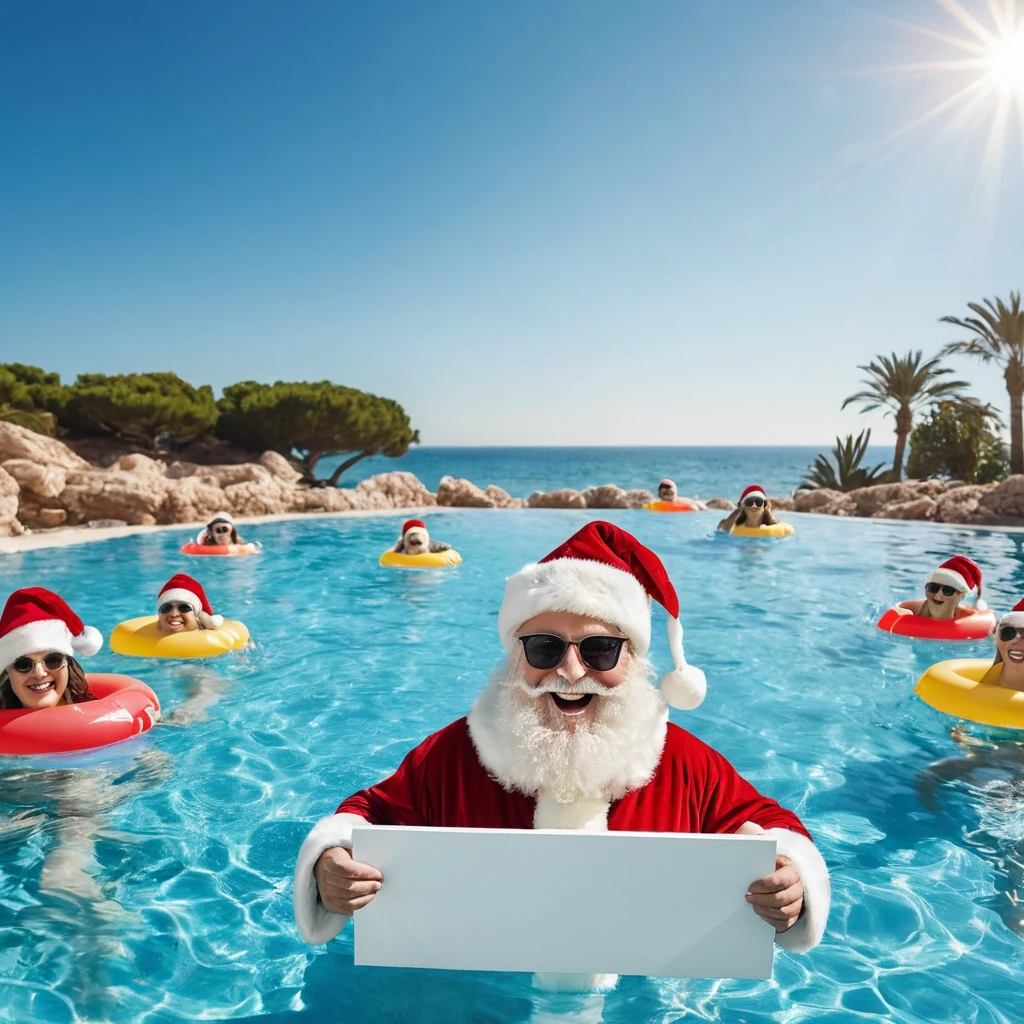 Captures a close-up image from different angles of a swimming pool in which there are white rectangular signs in the water without any text, all posters are the same, In the center of the pool, a fat, smiling Santa Claus bathing in sunglasses floats in the water., very happy and holding a giant blank sign without text in his hands above his head . All the action takes place under a bright sun on a Mediterranean beach with impressive lighting for a perfect shot. Professional photography, 8k, RAW photo, The best quality, masterpiece, photorealistic, Highly detailed, cinematic lighting, sharp focus, réflex digital, high resolution, photorealistic,