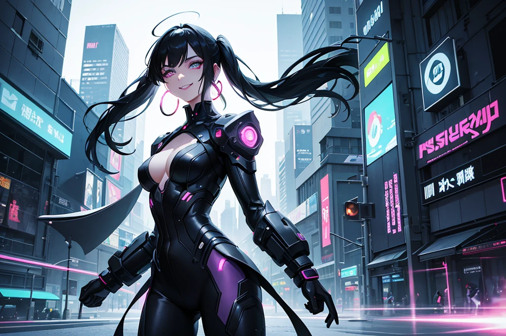 Background:
• Setting: A cyberpunk near-future city with towering skyscrapers and neon lights illuminating the night.
• Color Scheme: Use vibrant neon colors (pink, blue, purple, green) throughout the background, incorporating reflections and glitch effects characteristic of a cyberpunk aesthetic.
• Details: Between the buildings, holographic advertisements float, and drones fly through the sky. The city’s inhabitants are depicted in cyberpunk fashion, emphasizing the futuristic atmosphere.
Effects:
• Light Effects: Neon light particles scatter around the character, with reflections and refractions enhancing her colorful attire.
• Movement Effects: Show her hair and parts of her outfit blowing in the wind to convey dynamic movement. Add light trails that follow the movement of her hair.
• Glitch Effects: Insert digital noise and glitch effects in parts of the background and around her to emphasize the futuristic cyberpunk world.black hair, colored inner hair, hair behind ear, mullet, pointy hair, empty eyes, mismatched pupils, multicolored eyes, dilated pupils, eyeball, wide eyes, slit pupils, longeyelashes, hoop earrings, crazy, licking lips, seductive smile, long tongue, determined, evil, crazy smile, oral invitation, Conceptual art, anime, anime style, chiaroscuro, glowing light, cowboy shot, lens flare, 8k, super detail, UHD, masterpiece, accurate, accurate, textured skin, textured skin, high details, high quality, award winning, best quality, highres, 16k