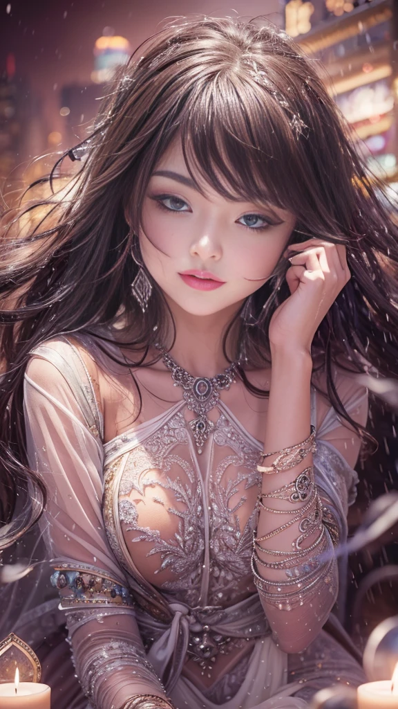 (32K:1.5, Highest quality, masterpiece, Ultra-high resolution), Professional camera work:1.6, Very detailedな肌と顔の質感:1.3, Captivating portrait:1.2, Very accurate, Very detailed, Adult female, ((Amazing night view from the rooftop:1.4, The moonlight at night illuminates my body)), (Satin Nightgown:0.7), Incredibly slim body, Sensual sitting position:0.6, sense of loss, sorrow, Expression of sorrow, (Big eyes that exude beautiful eroticism:0.4, Small face, Dreamy look:1.0, I love you with all my heart:0.8, Open your mouth a little, lipstick, Feel the beautiful eroticism:0.9), (Wet dark brown medium length hair), Candles, Medium chest, Earrings, necklace, bracelet, (romantic, mysterious), Fair skin, elegant, Object of admiration, original, dramatic, artistic, Innovative, charm, Heartful, Fancy, sense of openness, sense of cleanliness, special, exciting, Extreme, Tilt, ((Adult charm, Feminine charm, Hair blowing in the wind)