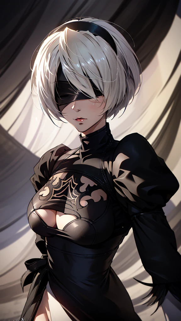 2b, 2b, (black blindfold:1.5), black hair band, blindfold, hair band, short hair, white hair, to break hair band, robot, Team Rocket,Team Rocket uniform, red letter R, White skirt,short white blouse,black thigh-highs,black elbow gloves, to break looking at viewer, to break (masterpiece:1.2), best quality, alta resolución, 8k unit wallpaper, (Illustration:0.8), (beautiful detailed eyes:1.6), extremely detailed face, perfect lighting, Extremely detailed CG, (perfect hands, perfect anatomy),