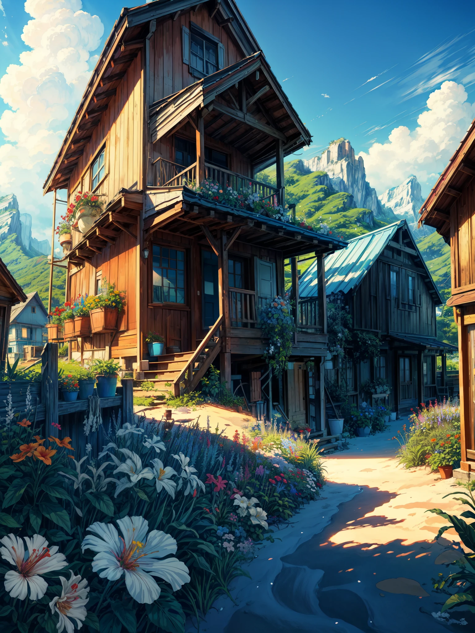 super wide perspective, outdoors, a beautiful white colored old cabin, flower fields, mountains, blue doors and windows, beach side, windy, moody weather, sand, tropical plants, stairs, amazing sky, ghibli anime scene, pots with tropical leafy plants, white metal chair with table, white cycle with basket, red flowers in balcony, flowers in foreground, cinematic color tones, subtle light, vibrant color tones, ghibli style, no humans, scenery, masterpiece, high resolution 