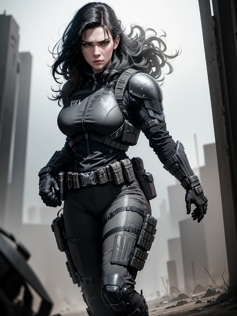 realistic, sci-fi, fantasy, cowboy shot, low angle shot,Gina Carano as Punisher, futuristic Punisher outfit, black and close-fitting bulletproof vest, gray and worn Punisher logo on bulletproof vest, dark photo, dark outfit, dangerous and sexy, dark scenery and background, imersive background,  raw photo, 8k, very detailed,
