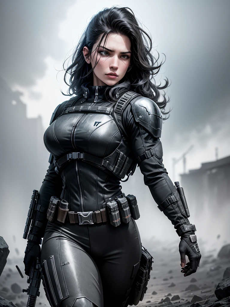 realistic, sci-fi, fantasy, cowboy shot, low angle shot,Gina Carano as Punisher, futuristic Punisher outfit, black and close-fitting bulletproof vest, gray and worn Punisher logo on bulletproof vest, dark photo, dark outfit, dangerous and sexy, dark scenery and background, imersive background, raw photo, 8k, very detailed,