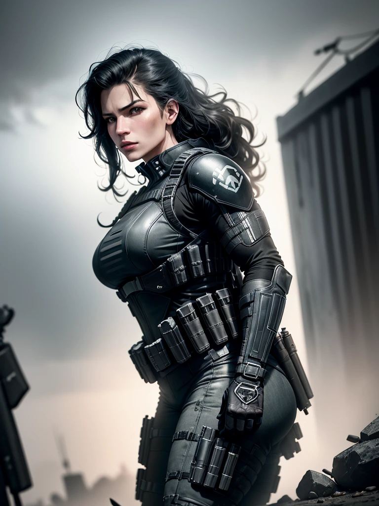 realistic, sci-fi, fantasy, cowboy shot, low angle shot,Gina Carano as Punisher, futuristic Punisher outfit, black and close-fitting bulletproof vest, gray and worn Punisher logo on bulletproof vest, dark photo, dark outfit, dangerous and sexy, dark scenery and background, imersive background,  raw photo, 8k, very detailed,
