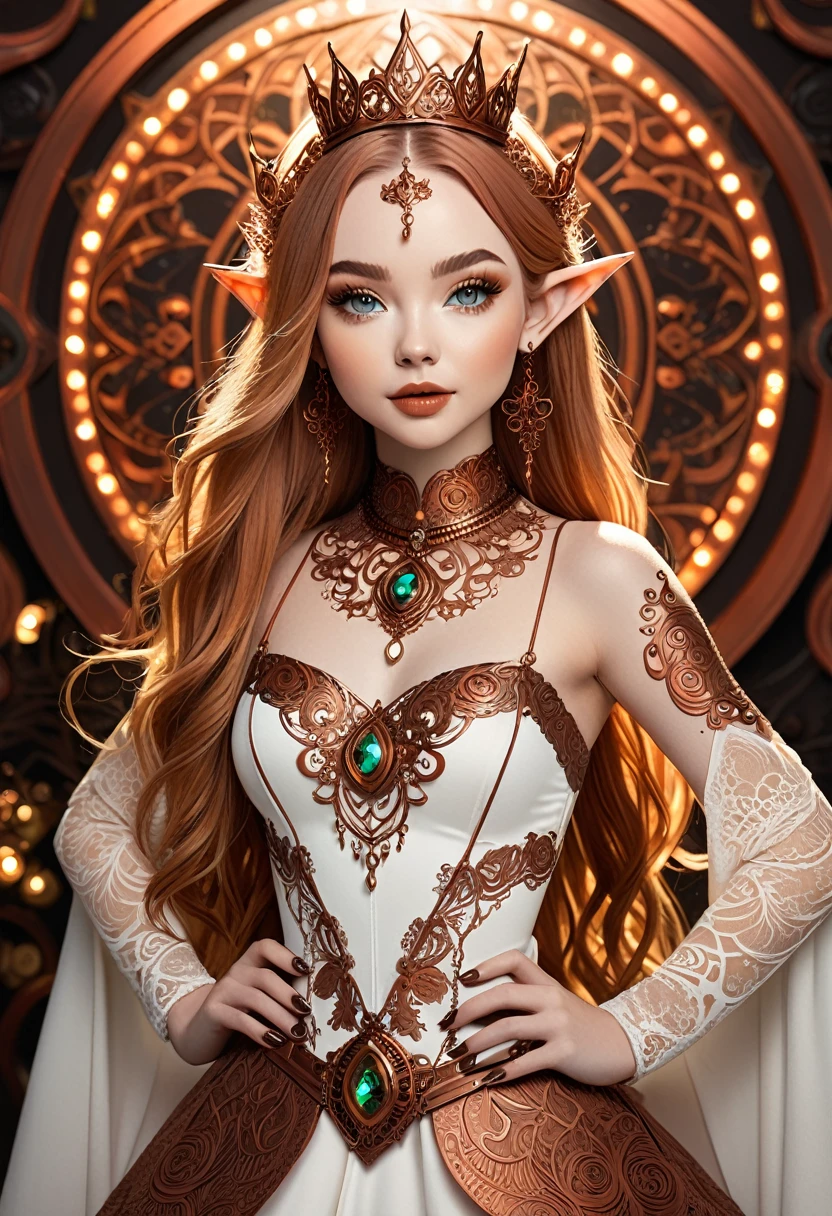 Steampunk inspired goblin princess. copper wire necklaces and bangles. Crown of fine copper wire. copper coloured tatoos cover her face and body intricate and beautiful designs. LArge pointed ears that end in curlicues. Hands on hips. Ember colored eyes adorned with intricate copper wireing. a pure white dress, hemmed with copper, covered in copper lace and filligree. silver designs cover the skirt in a kaleidoscope of intricate copper designs. Background is magical verdant forrest. Her visage is a mesmerizing blend ofSabrina Carpenter, creating a unique, symmetrical face that exudes elegance and grace. copper colores face tattoos. Copper colored arms, and chest tatoos. Cozy, romantic lighting. Cheerful smile. Copper hair that shimmers and sparkles in the lights. Hourglass figure. copper lips. dark copper eye shadow.
