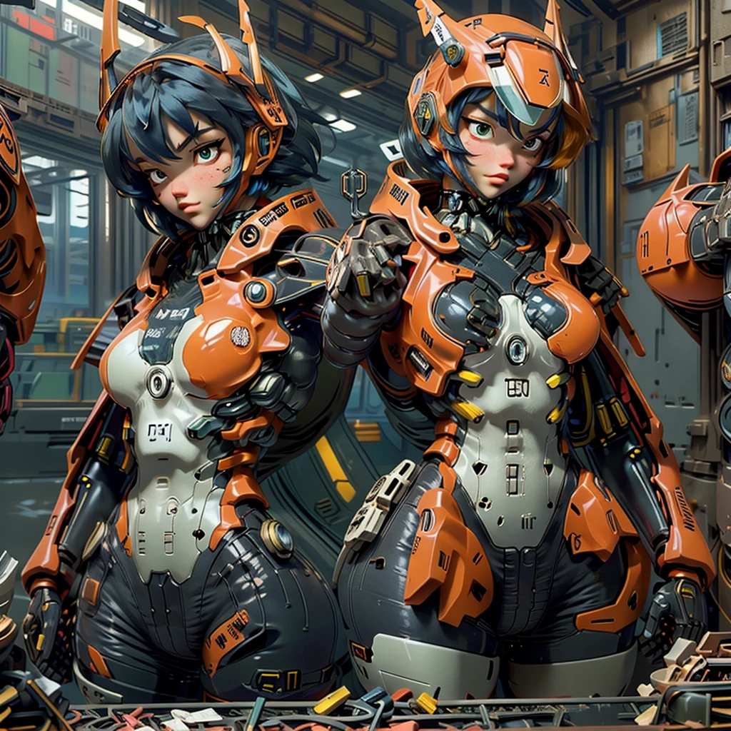 (masterpiece, best quality, ultra-detailed), mecha pilot woman, futuristic pilot suit, sleek and form-fitting with advanced protective gear, helmet with transparent visor and integrated HUD, short hair, determined expression, break standing confidently in front of a large mecha in a seductive pose, one hand on her hip, the other slightly touching the mecha, holding a helmet under one arm, break the pilot stands in front of a mecha, break large mecha with intricate mechanical details, break cyberpunk cityscape in the background, neon lights reflecting off her suit, high-tech environment, cinematic lighting