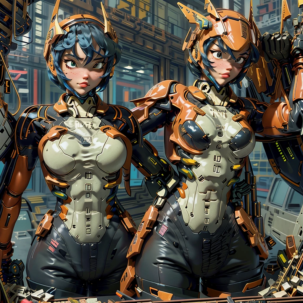 (masterpiece, best quality, ultra-detailed), mecha pilot woman, futuristic pilot suit, sleek and form-fitting with advanced protective gear, helmet with transparent visor and integrated HUD, short hair, determined expression, break standing confidently in front of a large mecha in a seductive pose, one hand on her hip, the other slightly touching the mecha, holding a helmet under one arm, break the pilot stands in front of a mecha, break large mecha with intricate mechanical details, break cyberpunk cityscape in the background, neon lights reflecting off her suit, high-tech environment, cinematic lighting