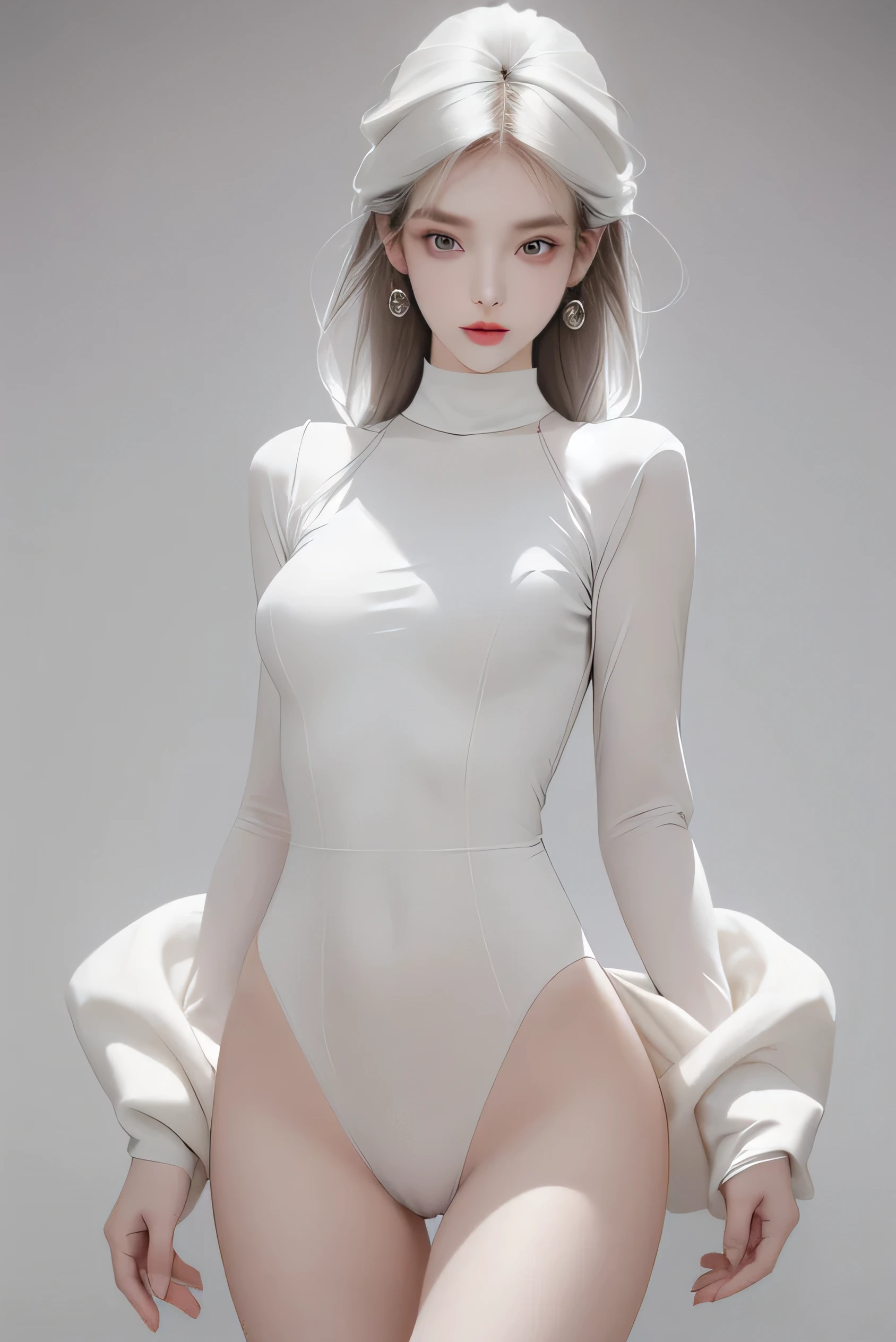Manwa, dynamic pose, 1girl, pale skin, long black hair, delicate face, moles, intricate details, small waist, ((wide thigh gap, thick thighs):1.3), white background, masterpiece