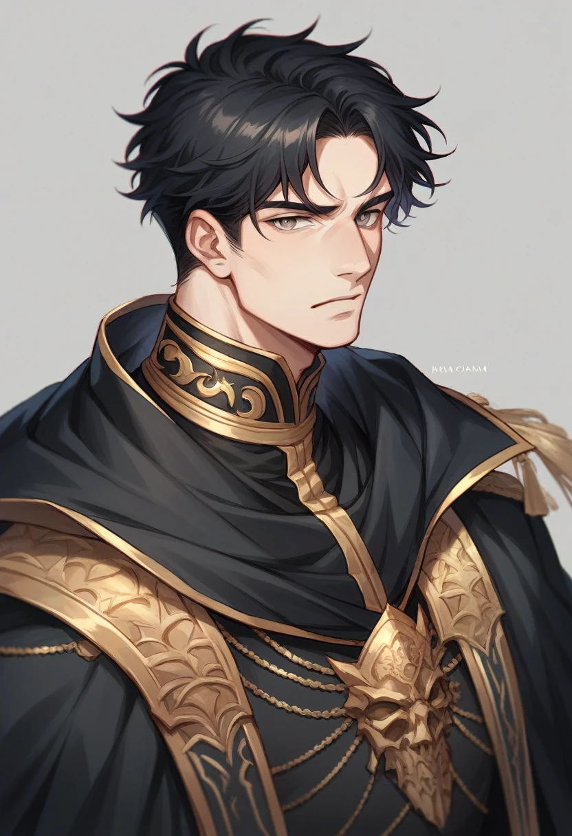 A realistic 20 year prince of darkness. He has grey eyes. Black Hair. He is beautful but strong and cunning. Wearing all black prince outfit.