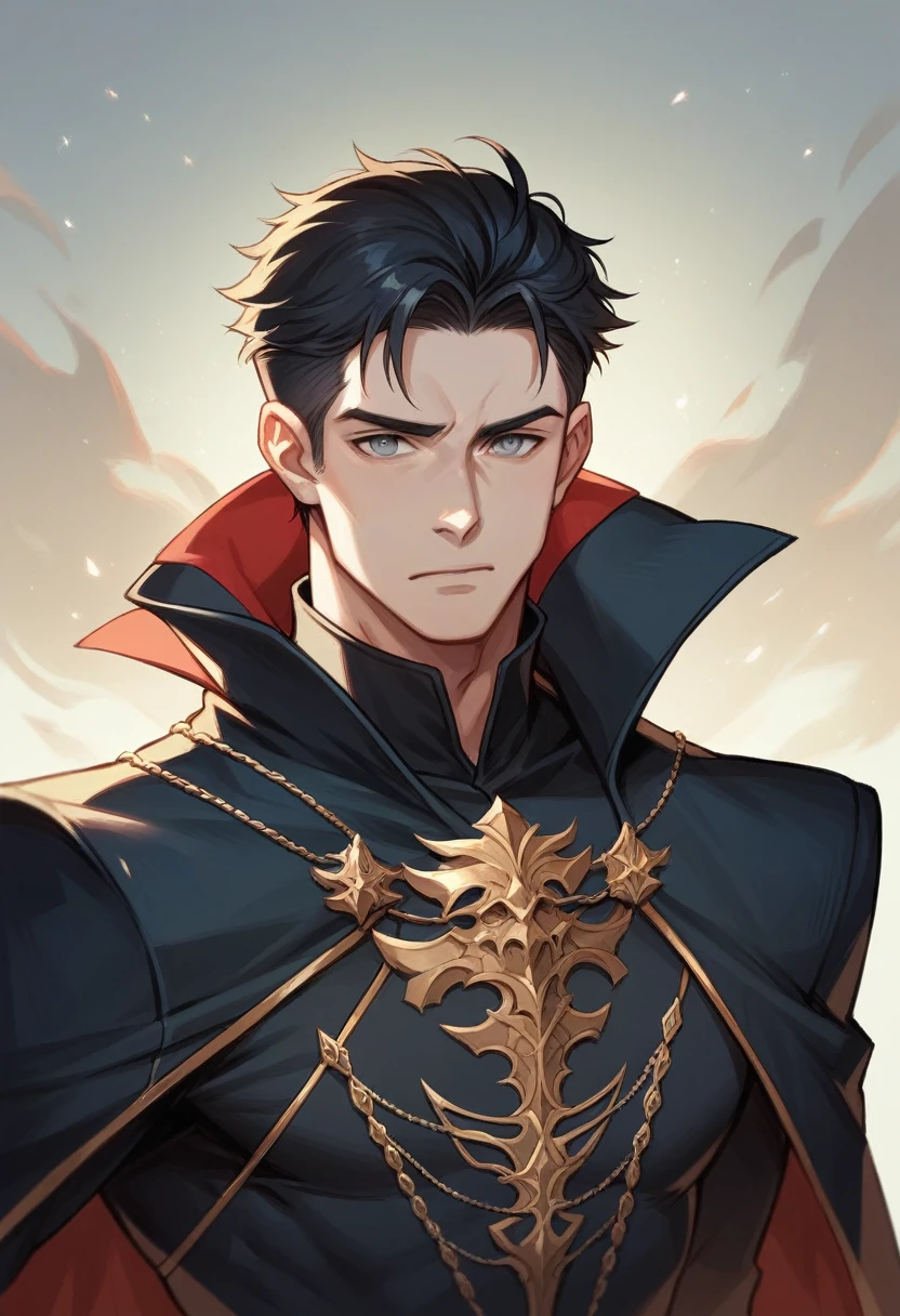 A realistic 20 year prince of darkness. He has grey eyes. Black Hair. He is beautful but strong and cunning. Wearing all black prince outfit.