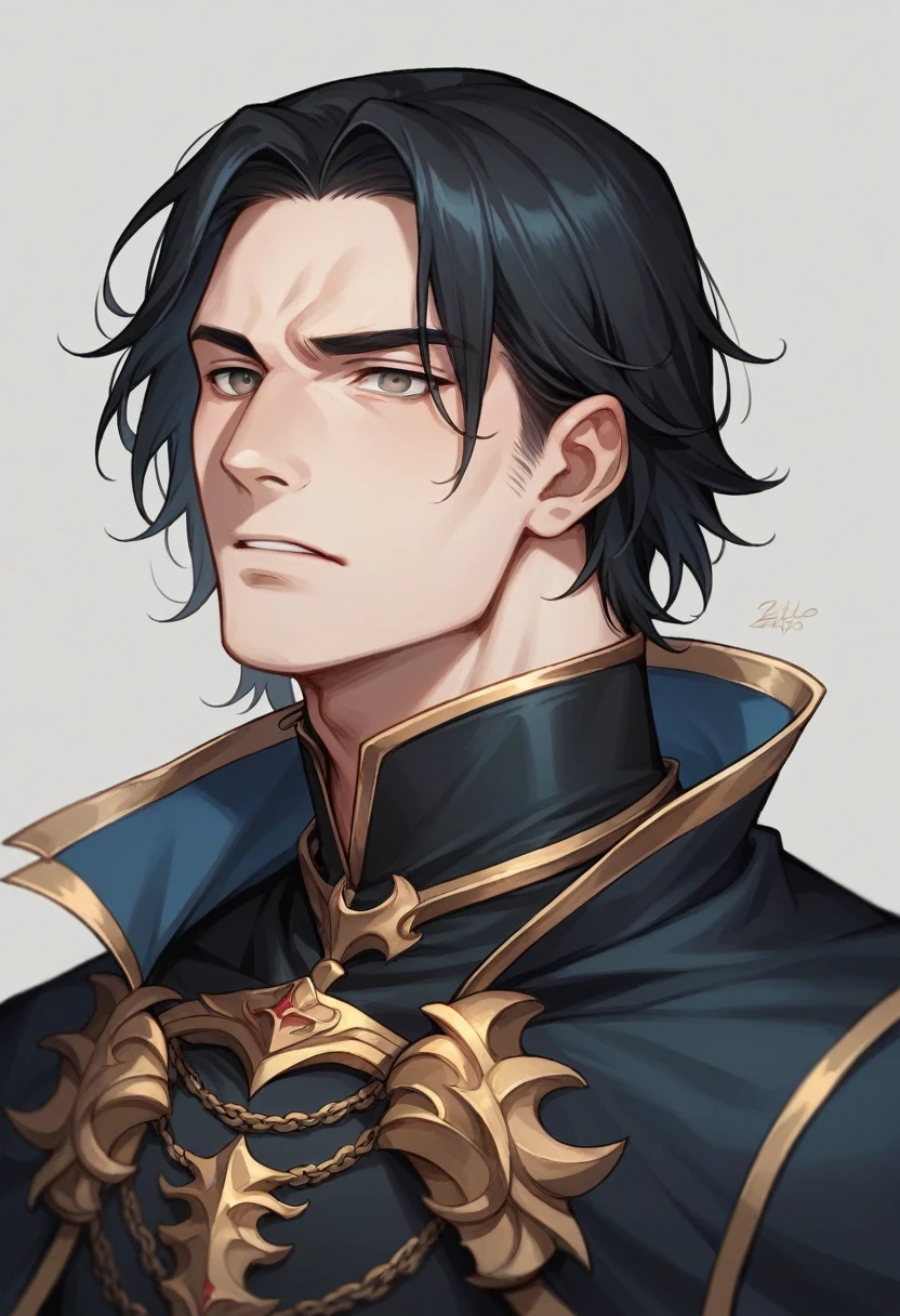 A realistic 20 year prince of darkness. He has grey eyes. Black Hair. He is beautful but strong and cunning. Wearing all black prince outfit.