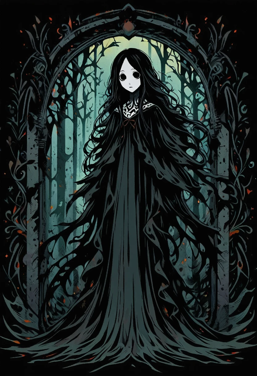 Character portrait of a mysterious figure with pale skin and long, flowing black hair, styled in a loose and curtain-like manner, dark black eyes, in an animated 2D style with cel shading to enhance the dramatic effect, inspired by Tim Burton's dark gothic animation, whimsical and haunting, like a living shadow, digital painting with bold outlines