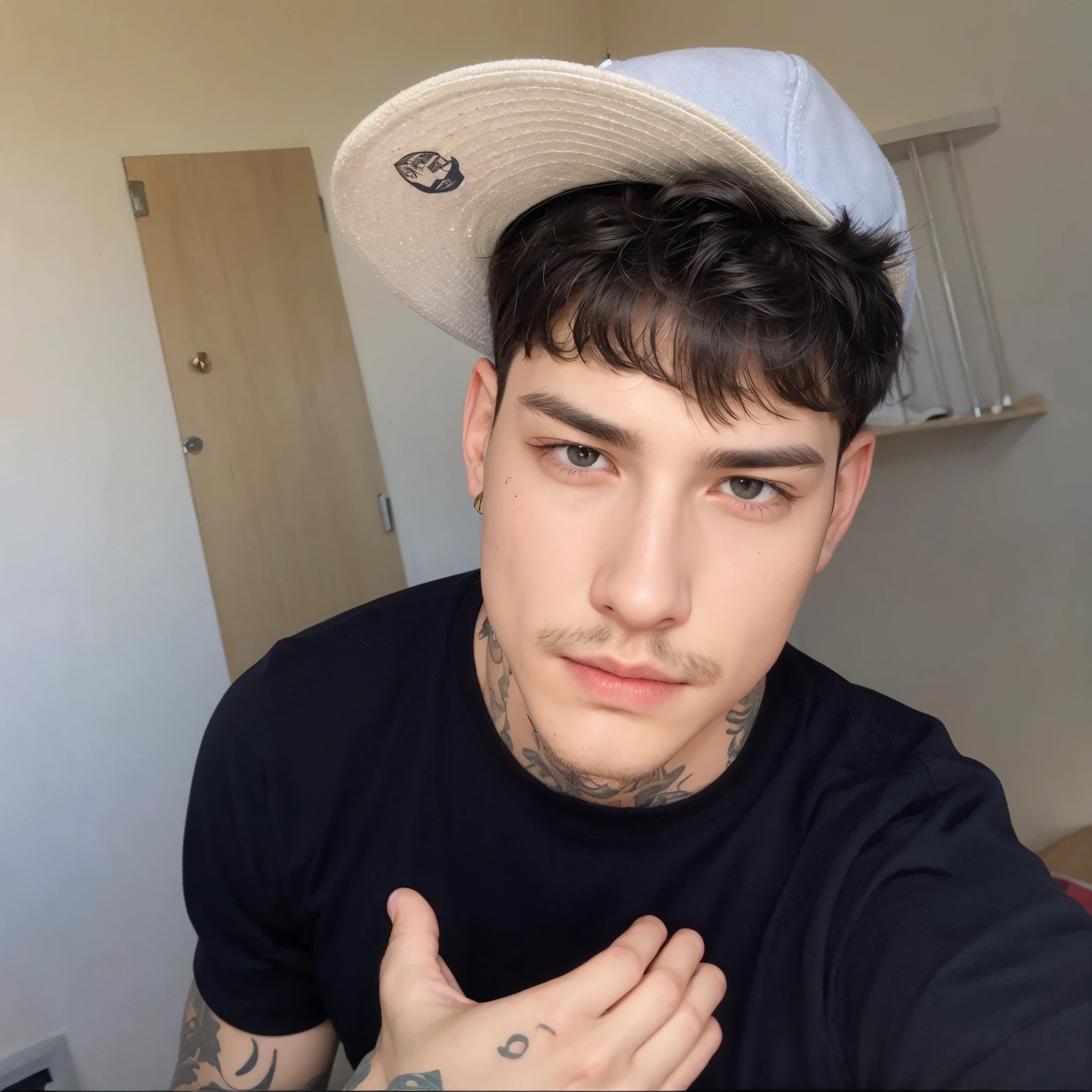 He wears a cap, straight hair and defined jawline, looking at camera and thin mustache, tatoo