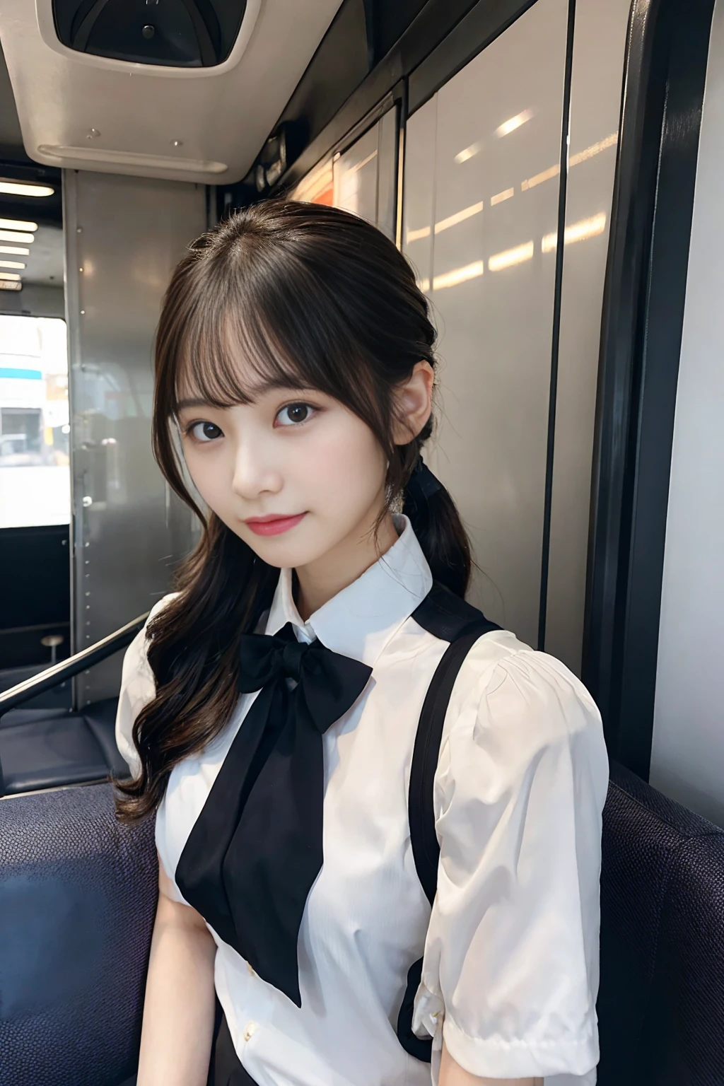 Create a close-up image of a beautiful Japanese woman who works as a bus guide with a seductive expression.。She wears a tight uniform、プロフェッショナルさとcharmを強調しています。Her hair was neatly tied up.、She has an elegant look with a bun or ponytail style.。The background is a softly blurred bus interior.、The warm lighting highlights her features.。The makeup is perfect、特に目と唇に重点を置いて彼女のcharmを引き立てています。Confident、She has a slightly mysterious look、Elegance、charm、And it creates a professional atmosphere.。It fits her body perfectly、Show off your curves but still look polished and professional。makes her silhouette look elegant、Make sure to highlight her style。