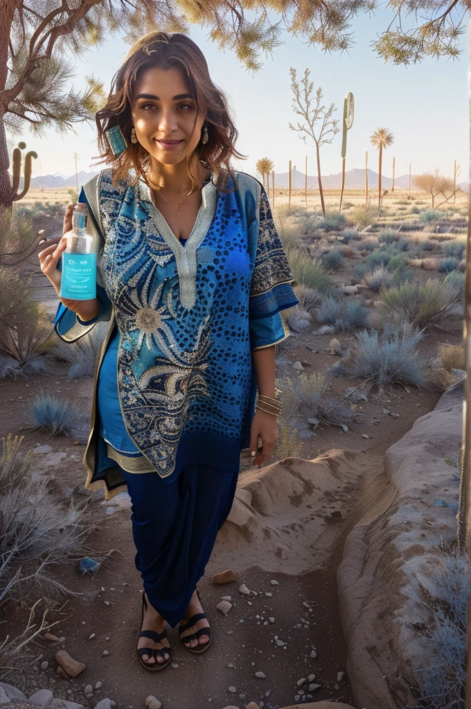 there is a woman standing in a dirty area holding a cell phone, Wearing an old tunic, blue tunic, wearing a kurta de seda, full length portrait holding bottle, holding a bottle of arak, fechar photo by full body, photo by full body, wearing a kurta, wearing desert poncho, carrying a bottle of perfume, Standing next to the desert oasis