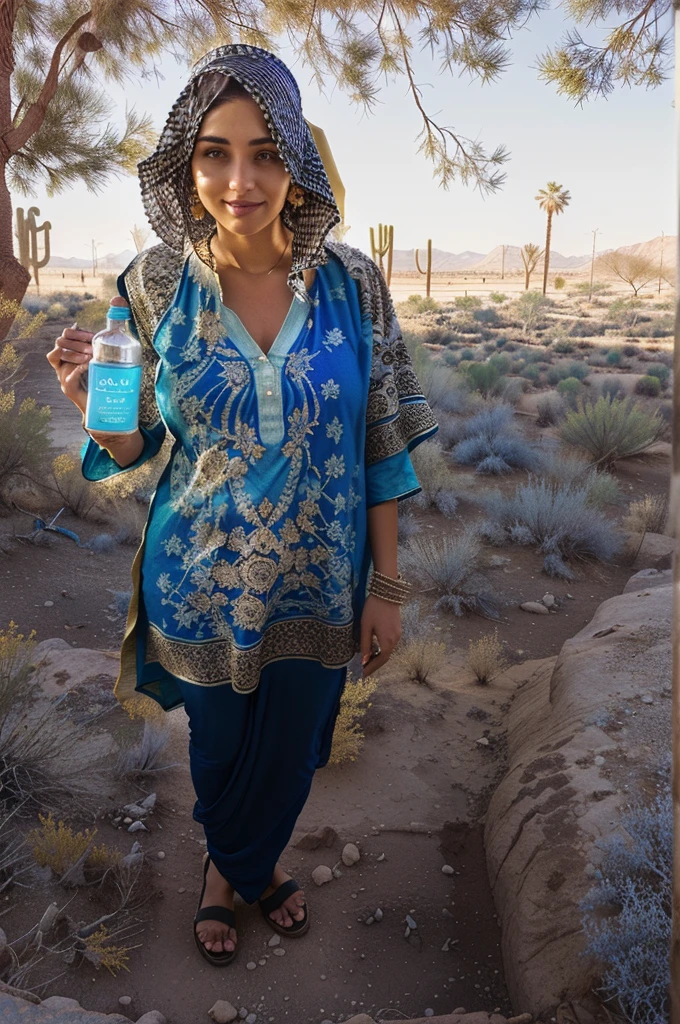 there is a woman standing in a dirty area holding a cell phone, Wearing an old tunic, blue tunic, wearing a kurta de seda, full length portrait holding bottle, holding a bottle of arak, fechar photo by full body, photo by full body, wearing a kurta, wearing desert poncho, carrying a bottle of perfume, Standing next to the desert oasis
