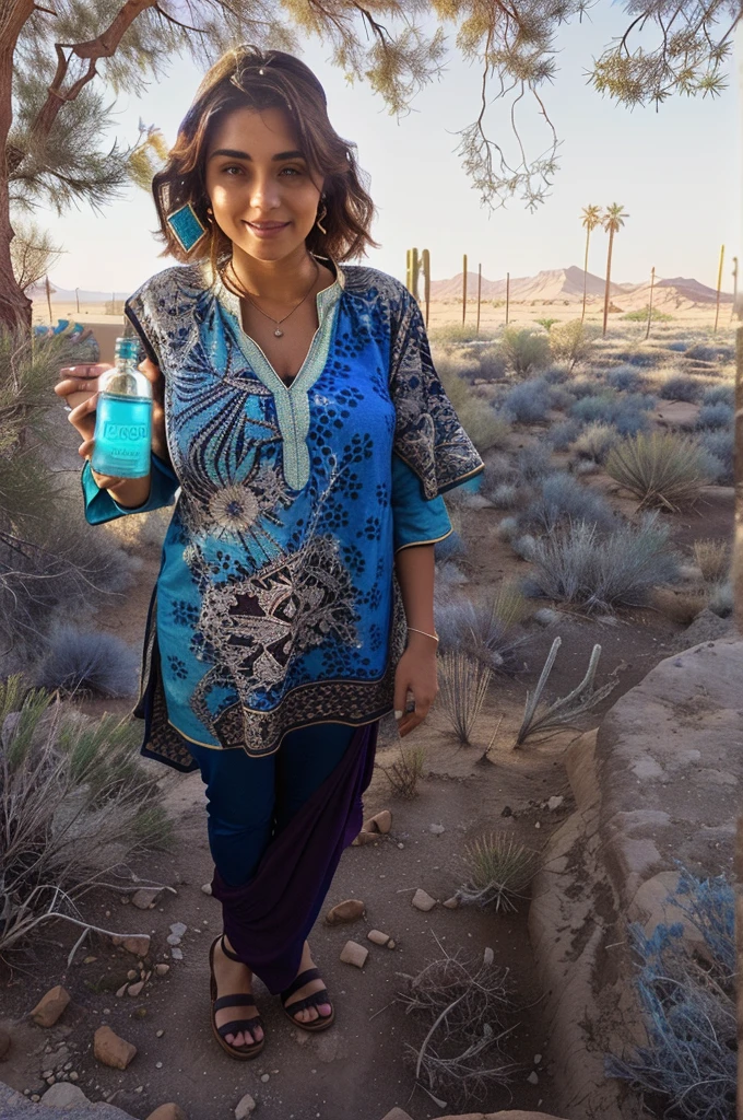 there is a woman standing in a dirty area holding a cell phone, Wearing an old tunic, blue tunic, wearing a kurta de seda, full length portrait holding bottle, holding a bottle of arak, fechar photo by full body, photo by full body, wearing a kurta, wearing desert poncho, carrying a bottle of perfume, Standing next to the desert oasis