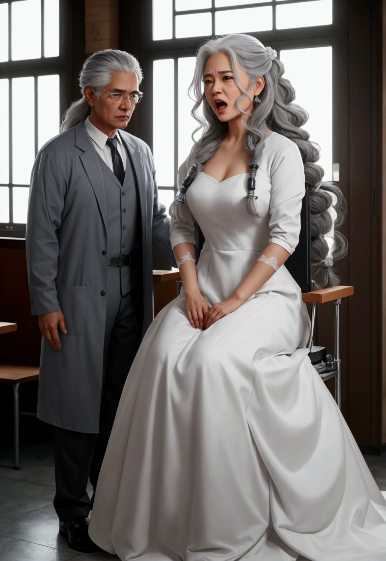 A beautiful youthful looking her hair graying but still very sexy gray haired Filipino woman wearing a wedding dress now a prisoner of a evil scientist the male evil scientist her hair graying her long hair now graying she has a curly hair hairstyles hairstyle and she is aging because the male young evil scientist standing next to her is given her a injection that is aging her up she looks like she is in pain and she screaming in pain and she is in a lab tied up to a chair