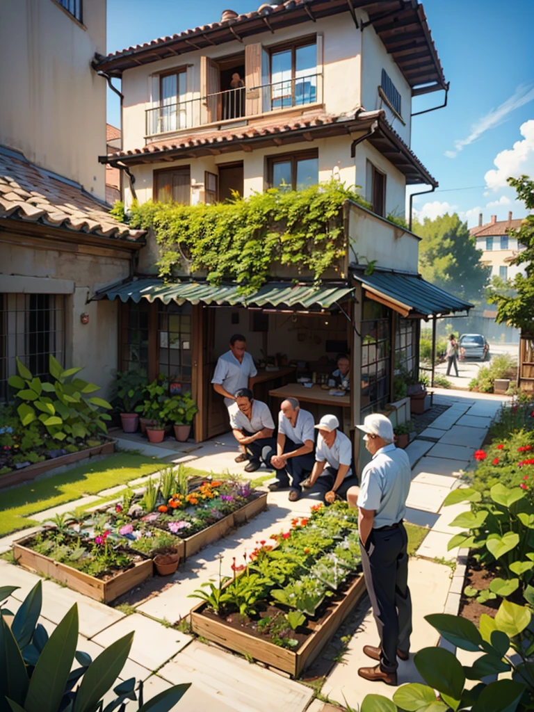 Group of middle age Spaniards working together in a small vegetable garden, 2 storey modern glassy building in the background