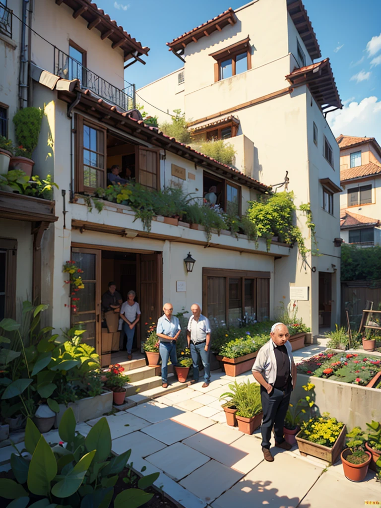 Group of middle age Spaniards working together in a small vegetable garden, 2 storey modern glassy building in the background 