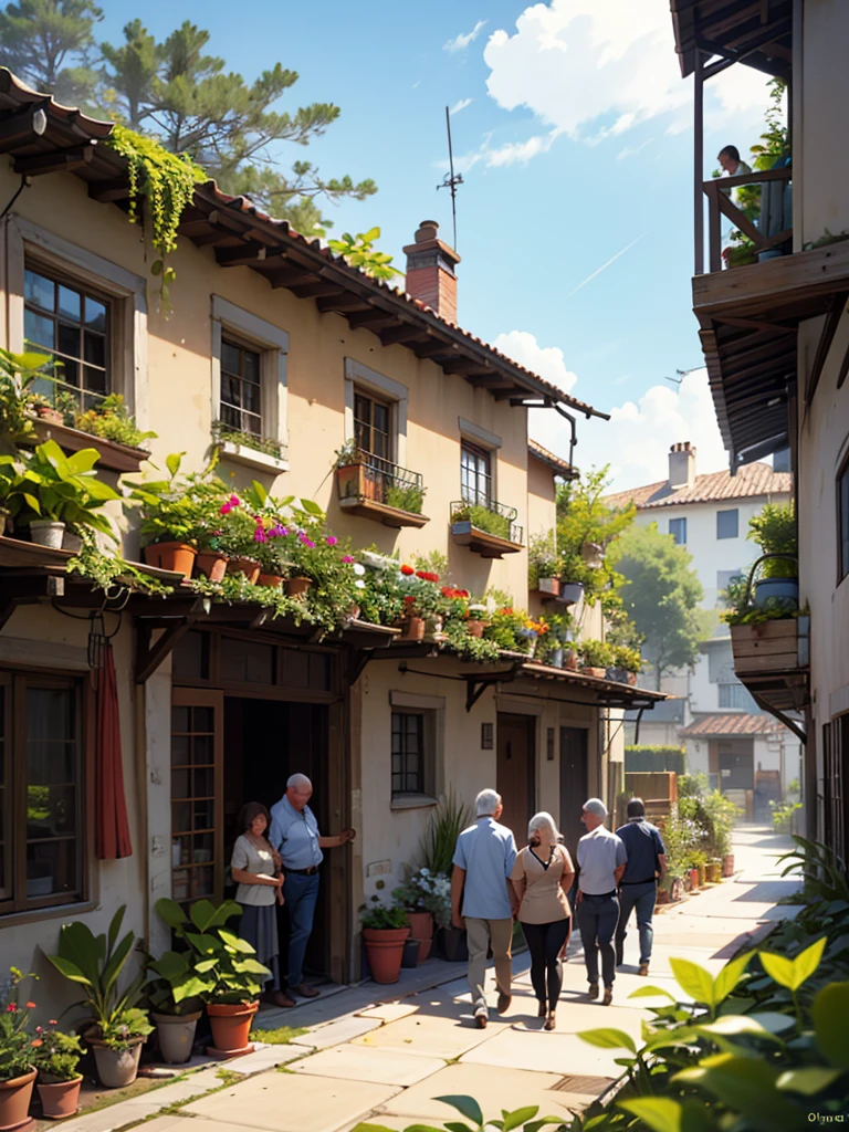Group of middle age Spaniards working together in a small vegetable garden, 2 storey modern glassy building in the background