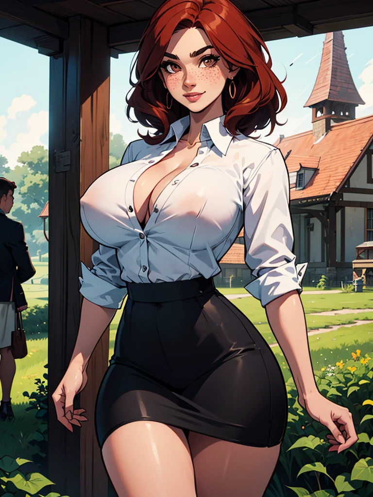 comic artwork of a pretty woman, epic, dynamic shadows, cinematic lighting, crosshatching, 2D, Sharp, Detailed, HD, HDR, High Quality, High Resolution, Masterpiece
, extremely detailed, delicate and dynamic, a beautiful woman of 40 years, mature woman, slight smile. Mahogany-red hair, brown eyes, downturned eye shape, black eyebrows, strong eyebrows. High cheekbones, strong chin. Freckles. Huge breasts, voluptuous, broad hips. Wearing a white blouse, tweed skirt. (Walking across beautiful English countryside), balsamique, mature female