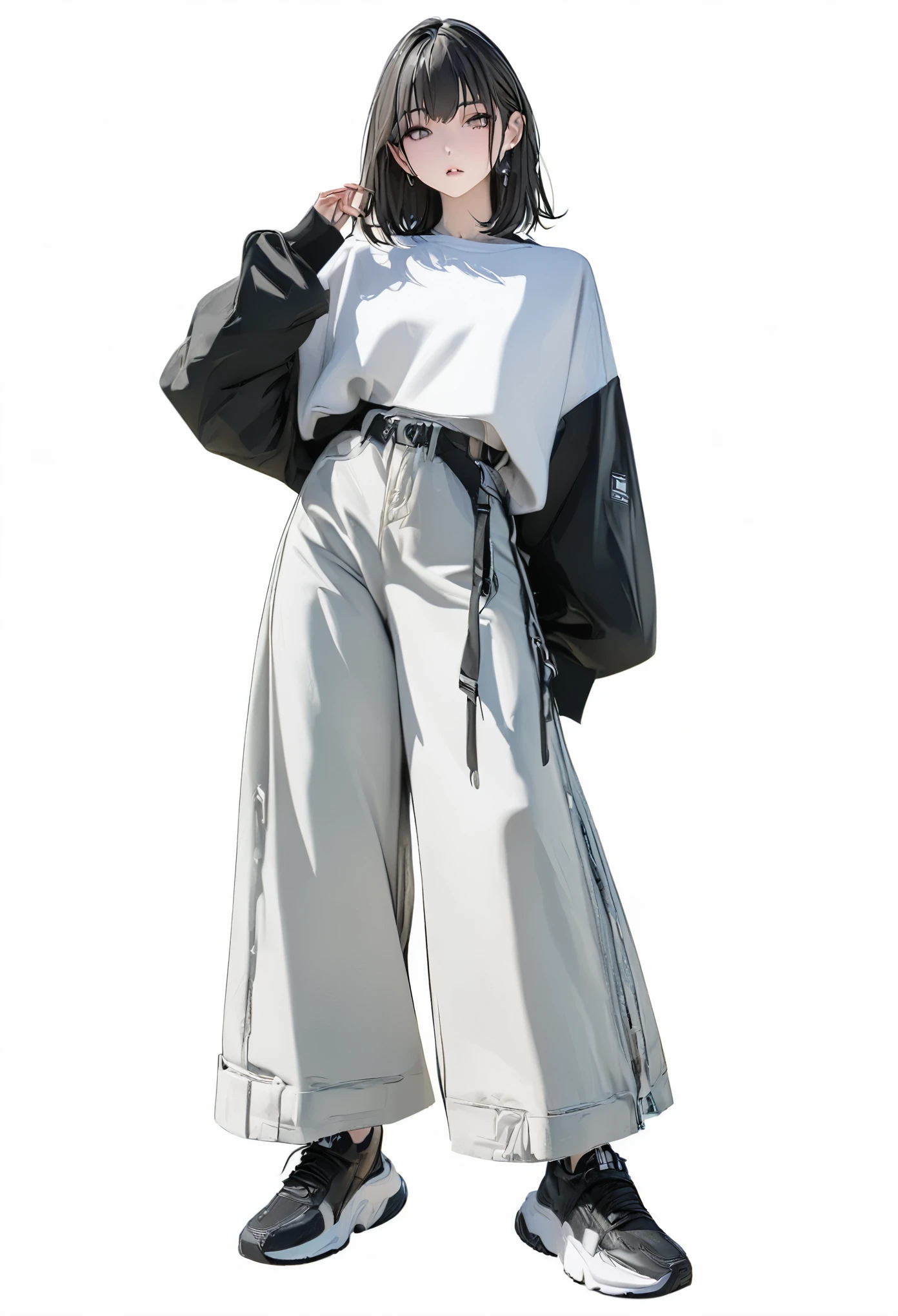 (Masterpiece, highest resolution: 1.2, 8K), center, full body, one girl, medium hair, gray fashion, wide pants, simple sneakers, simple background, white background, eyes open,