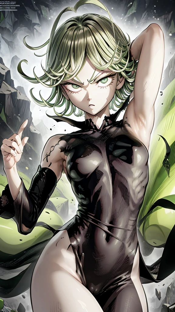 masterpiece, best quality, anime girl with green short curly hair wearing a black outfit, tatsumaki from one punch man, tatsumaki, both hands straight above head, showing Armpit, detailed Armpit, detailed body, detailed face, detailed eyes, hands on her curves, disgustes face, annoyed look, 