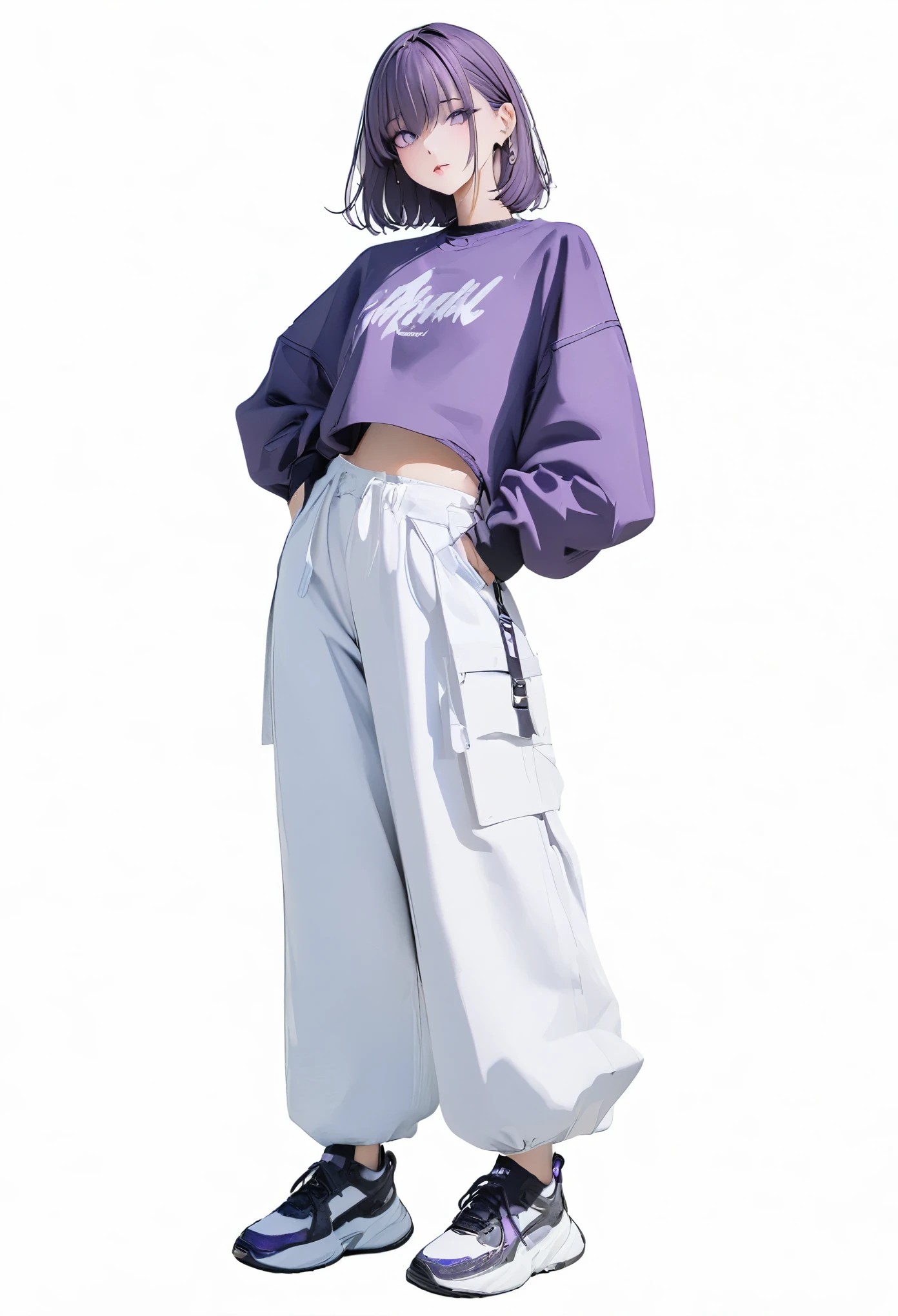 (Masterpiece, highest resolution: 1.2, 8K), center, full body, one girl, medium hair, purple fashion, wide pants, simple sneakers, simple background, white background, eyes open,