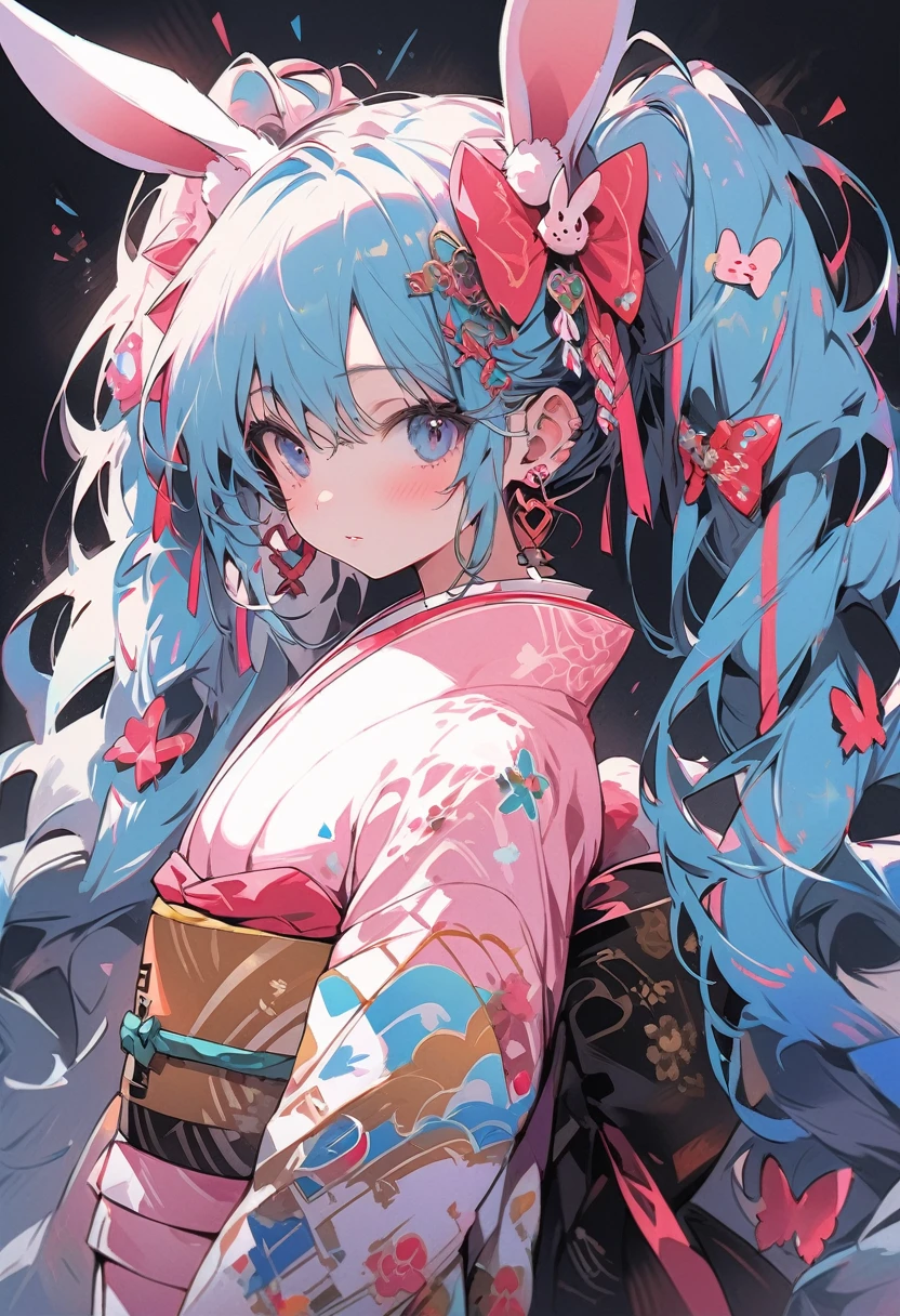 masterpiece, Highest quality, Very detailed, Create digital artworks in the pop art style、It features an intricately detailed bunny boy.、kimono、Surrounded by vintage rabbit motifs、Vivid brushwork、Emotions must be dynamic、whole body、drawing、shape、Colorless background、Blue Hair、Hatsune Miku