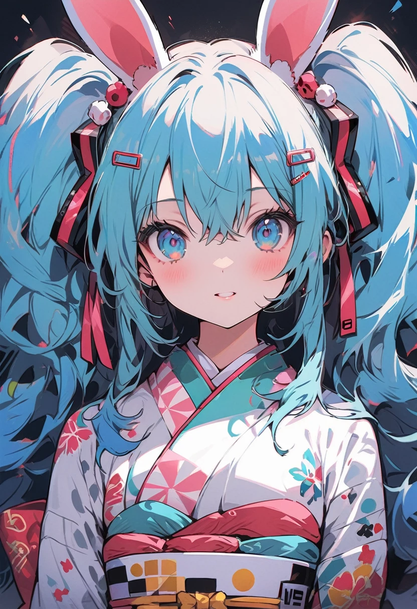 masterpiece, Highest quality, Very detailed, Create digital artworks in the pop art style、It features an intricately detailed bunny boy.、kimono、Surrounded by vintage rabbit motifs、Vivid brushwork、Emotions must be dynamic、whole body、drawing、shape、Colorless background、Blue Hair、Hatsune Miku