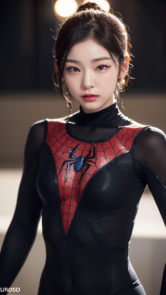 tmasterpiece,1 Korean girl,realisticlying,8K UHD,high high quality,in the background bokeh, spider-man black suit,Spidey,Clothes wrap around the whole body,Tight clothing,Abs contour,Short black hair,s the perfect face,shining face,Ultra-clear face,Elaborate Eyes,idoly