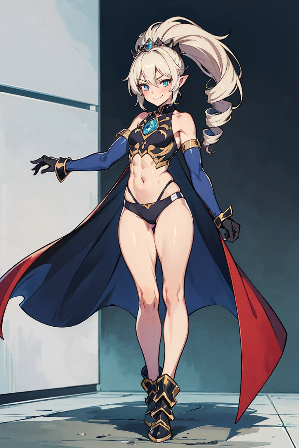 ((full body photo, standing, feet on the ground)), whole body, red breastplate, Redskin, looking at the viewer, bright,armor, Thighs, waders,shoulder armor, failures, Poland, gloves, gauntlets, Rerebrace armored boots, shoulder pads,(Masterpiece, Best Quality, ultra detailed, best shadow) yordle (1 girl)( Redskin:1.2) pointy ears muscular lean platinum blonde long twin-tails hairstyle at the office lustful smirking smile face red blushed, blush, strong abs, female bodybuilder, tiara, double hair drills