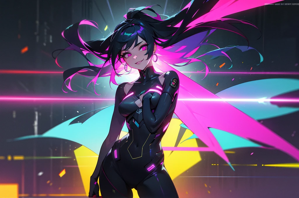 Female superhero, woman in a black suit, beautifule smile, clear skin, blue eye color, ability to control ice, the ice is has a pink color, pink ice all over the background, black hair with pink highlights, long hair.