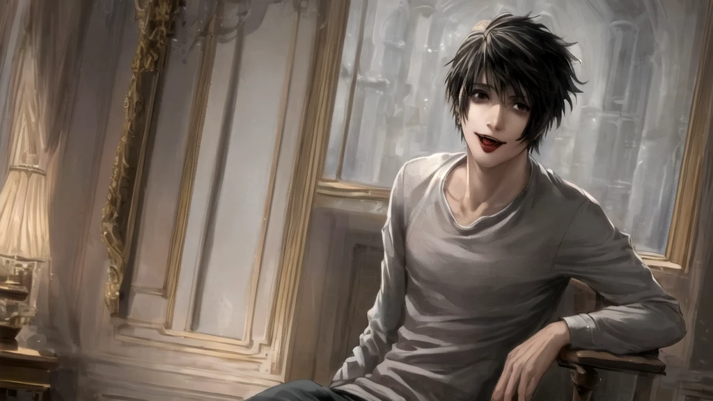 1 boy, man, perfect anatomy, mesmerizing black eyes, 8k resolution, (one person), (realism: 1.2), (masterpiece: 1.2), (cowboy frame: 1.2), dark romantic lighting, (high detail: 1.2), (detailed face: 1.2), (gradients), bright detailed eyes, (natural light: 1.2), solo, indoors, perfect lighting, (black lips), vampire fangs, perfect facial features, perfect angle, perfectly drawn eyes, man, smile, skinny, sitting