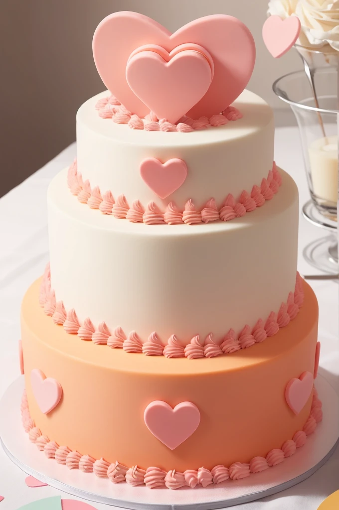 Create a three-story cake design, with two little hearts at the top, one in orange and the other in pink.