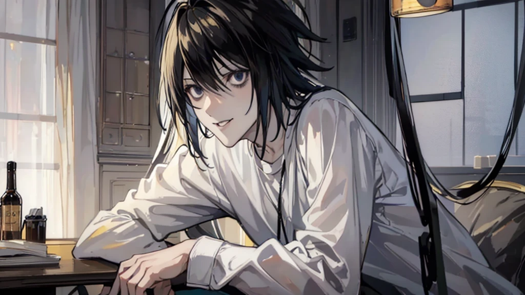 Я Лоулиет в Jordans1 boy, man, perfect anatomy, mesmerizing black eyes, 8k resolution, (one person), (realism: 1.2), (masterpiece: 1.2), (cowboy frame: 1.2), dark romantic lighting, (high detail: 1.2), (detailed face: 1.2), (gradients), bright detailed eyes, (natural light: 1.2), solo, indoors, perfect lighting, (black lips), vampire fangs, perfect facial features, perfect angle, perfectly drawn eyes, man, smile, skinny, sitting