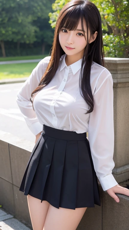 ((in the dark, in the dim deep mountain pass, dark sky, trees)), (((round face))), (blush, drooping eyes), ((bending to open legs, showing off her pubic hair and genitals)), young woman, white summer shirt, ribbon, pleated skirt, uniform, earrings,