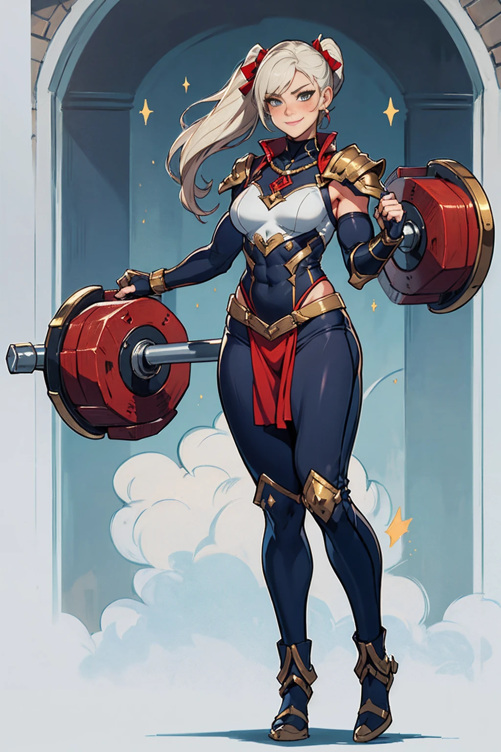 ((full body photo, standing, feet on the ground)),  whole body, red breastplate, Redskin, looking at the viewer, bright,armor, Thighs, waders,shoulder armor, failures, Poland, gloves, gauntlets, Rerebrace armored boots, shoulder pads,(Masterpiece, Best Quality, ultra detailed, best shadow) yordle (1 girl)( Redskin:1.2) pointy ears muscular lean platinum blonde long twin-tails hairstyle at the office lustful smirking smile face red blushed, blush, strong abs, female bodybuilder, tiara, double hair drills