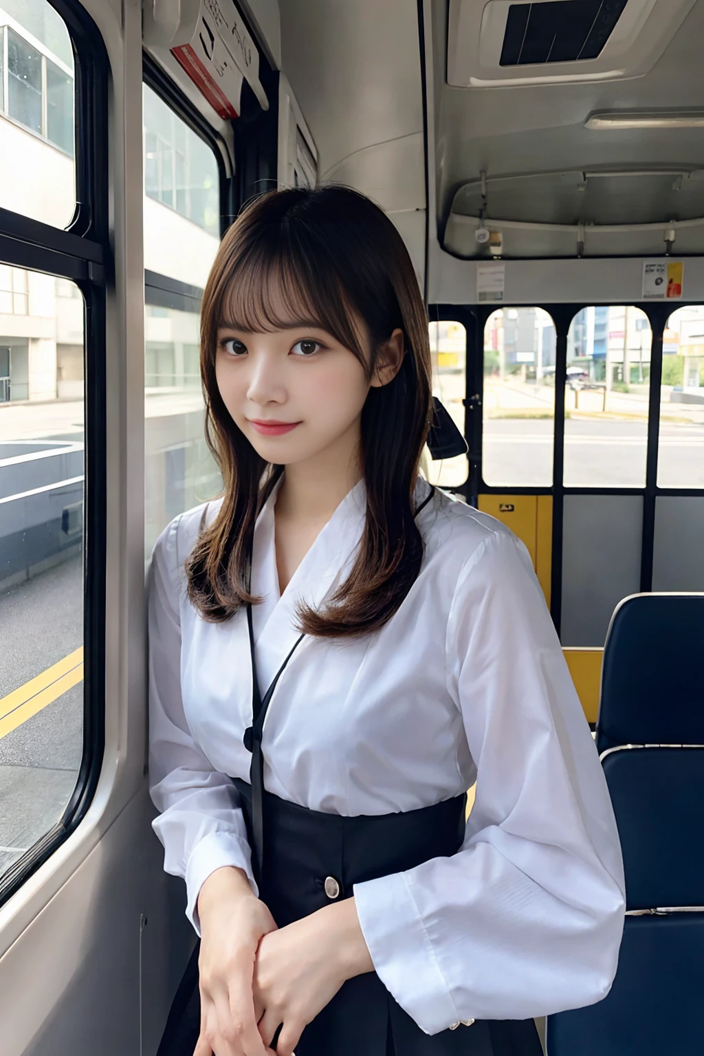 Create a close-up image of a beautiful Japanese woman who works as a bus guide with a seductive expression.。She wears a tight uniform、プロフェッショナルさとcharmを強調しています。Her hair was neatly tied up.、She has an elegant look with her short hair style.。The background is a softly blurred bus interior.、The warm lighting highlights her features.。The makeup is perfect、特に目と唇に重点を置いて彼女のcharmを引き立てています。Confident、She has a slightly mysterious look、Elegance、charm、And it creates a professional atmosphere.。It fits her body perfectly、Show off your curves but still look polished and professional。makes her silhouette look elegant、Make sure to highlight her style。