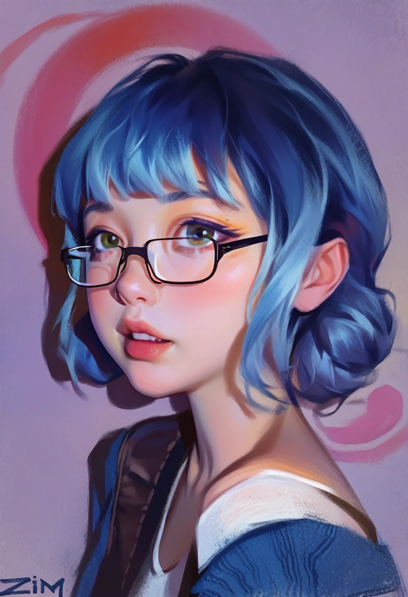 smudgy, traditional art, liu2, brush texture, score_9, score_8_up, score_7_up, score_6_up, score_5_up, score_4_up, BREAK 1girl, Anime girl with blue hair and bangs with glasses with beautiful tanned skin looking at the camera anime girl, pale skin, detailed background, detailed face shot (masterpiece, high quality:1),