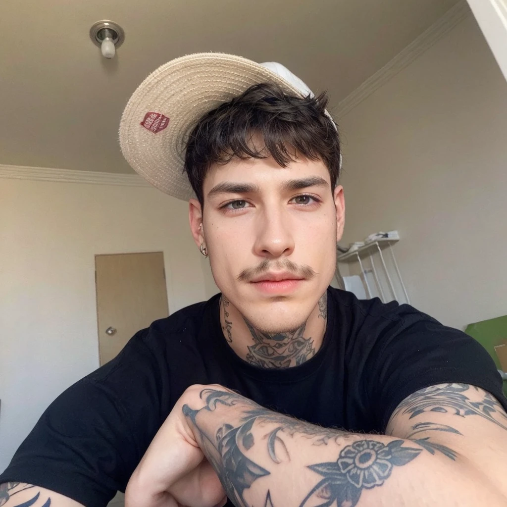 He wears a cap, straight hair and defined jawline, looking at camera and thin mustache, tatoo