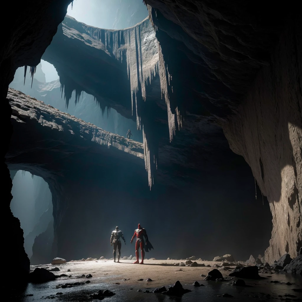 Imagine an imposing and vast cave, shrouded in deep darkness with stalactites hanging from the ceiling and stalagmites rising from the floor. At the bottom of the cave, Blurred silhouettes of iconic DC and Marvel heroes are engaged in an epic showdown. On DC's side, Superman, Batman, wonderwoman, Flash and Aquaman are in action, each using their different powers. On Marvel's side, Homem de ferro, captain America, Thor, Spider-Man and Hulk are also fighting, showing your strength and unique skills. Soft lighting highlights the cave's rock formations, while the dark environment increases the intensity of the confrontation. At the top of the image, the name "Cave of Epic Showdowns" is displayed in a bold, impactful font, complementing the dramatic scene.