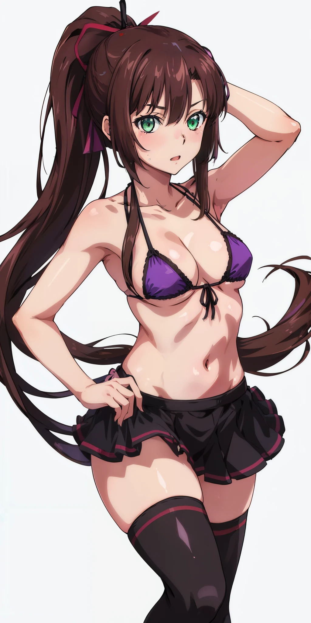 masterpiece, best quality,1girl,solo,kirasaka sayaka,brown hair,long hair,ponytail, hair ribbon, green eyes,,purple thighhighs, wariza, (bikini). 