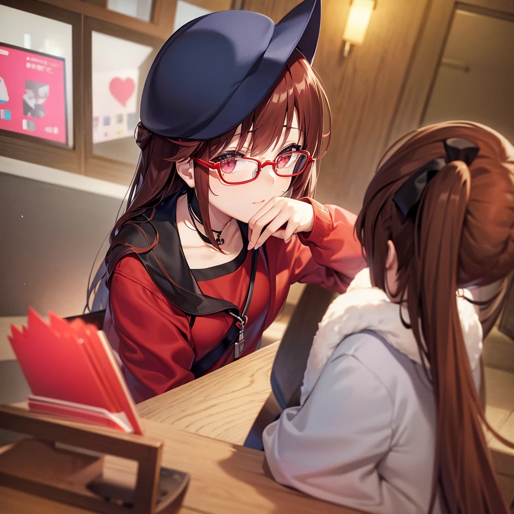 Otaku Girlischievous look、Red glasses、Horse&#39;s ears、Wearing a light blue winter jacket、Black turtleneck inner top、Big Breasts、Red Eye、Brown Hair、short hair、White mesh bangs、black wide pleated skirt、Black knee socks、Black short boots、evening、Sunset sky、Sunset