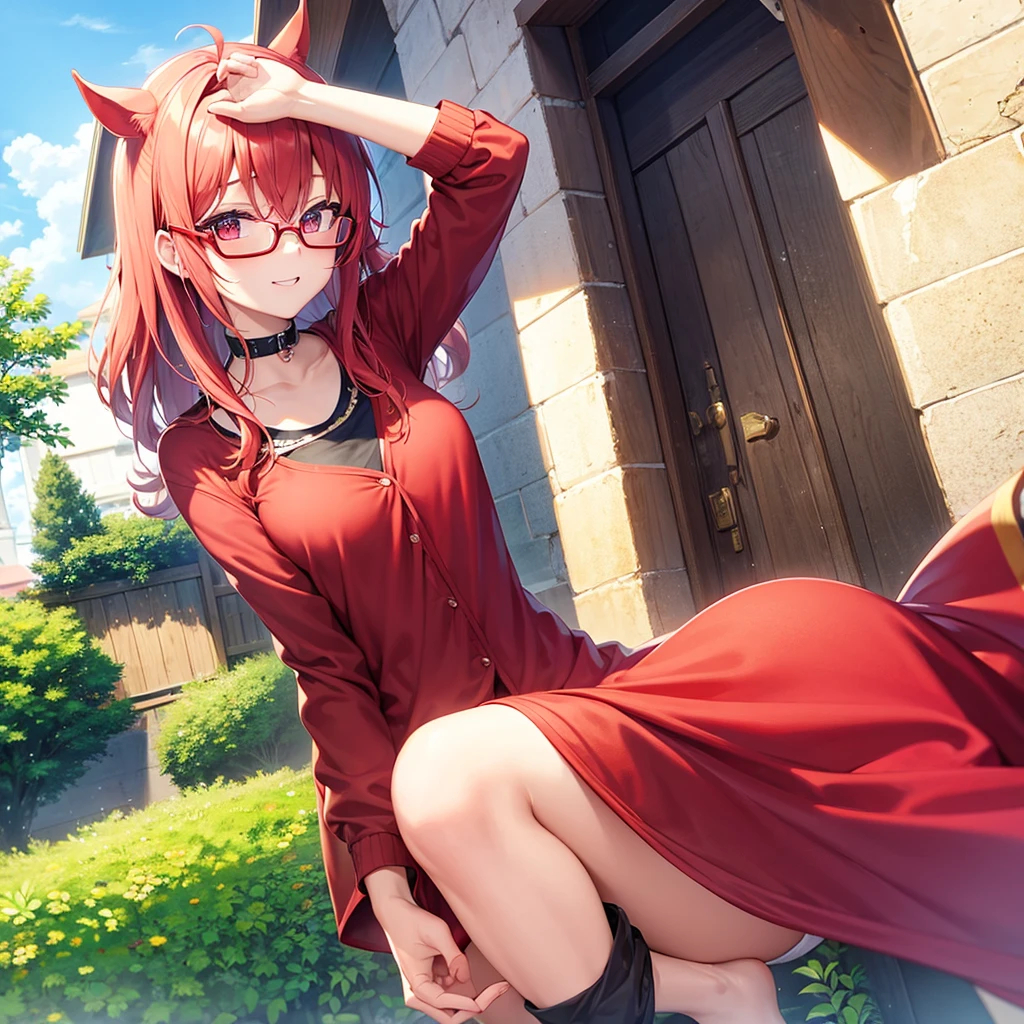 Otaku Girlischievous look、Red glasses、Horse's ears、Wearing a light blue winter jacket、Black turtleneck inner top、Big Breasts、Red Eye、Brown Hair、short hair、White mesh bangs、black wide pleated skirt、Black knee socks、Black short boots、evening、Sunset sky、Sunset