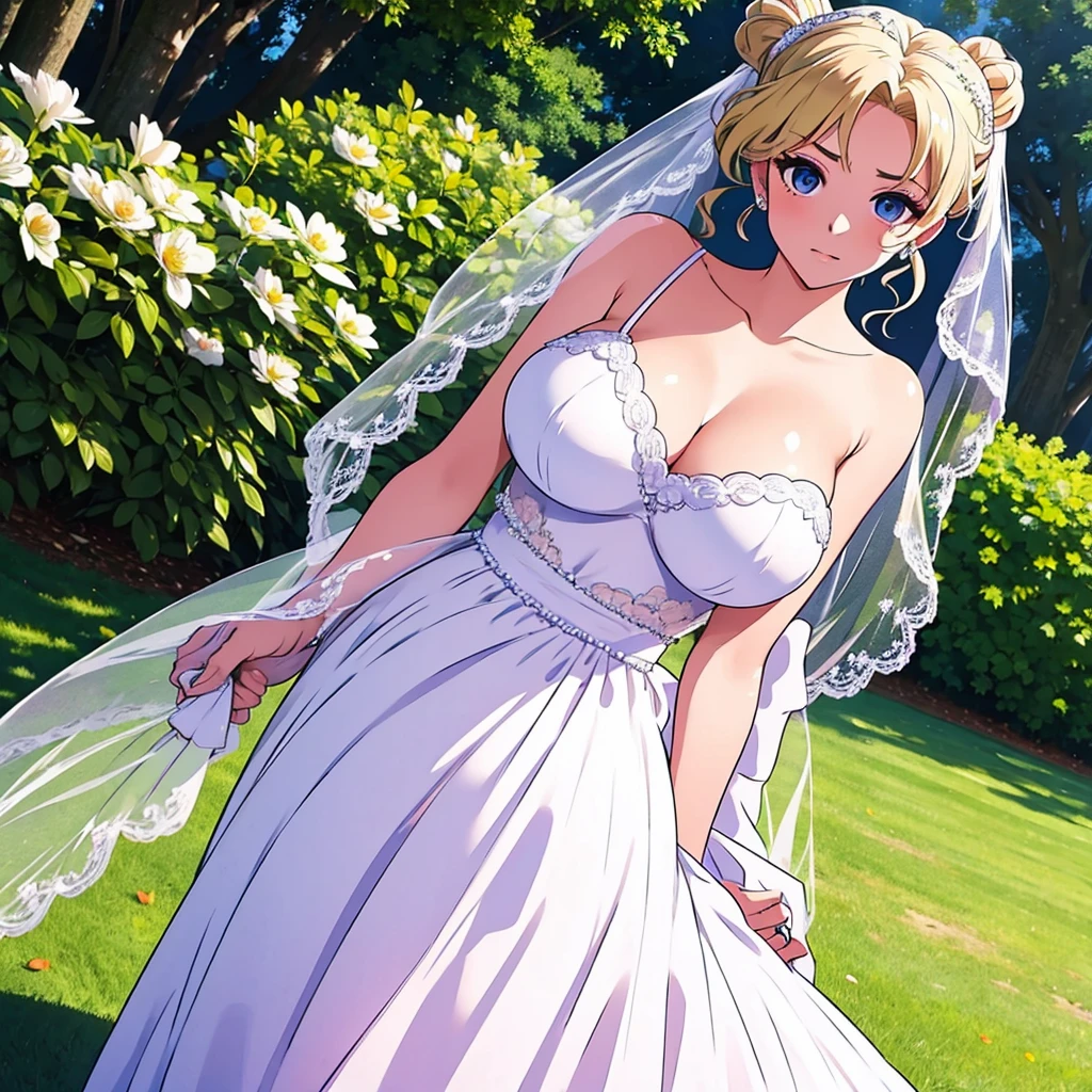 Huge breasts in a micro bra in a wedding dress with a lace neckline in the park with a veil and bouquet