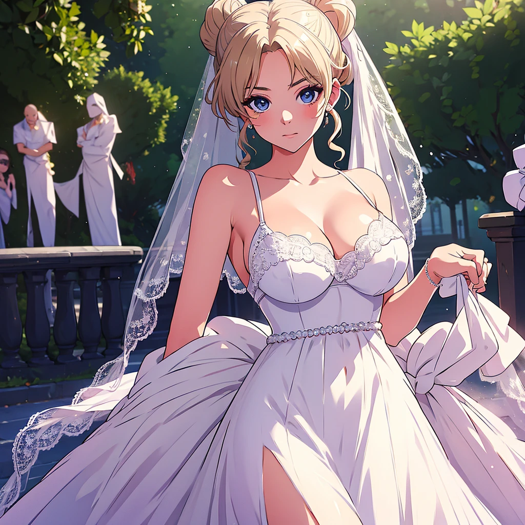 Huge breasts in a micro bra in a wedding dress with a lace neckline in the park with a veil and bouquet