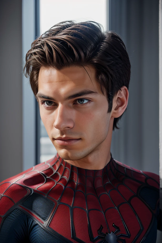A photograph of spider man, no mask, 20 yo, handsome, detailed face, looking at camera, portrait, 8k uhd, high quality