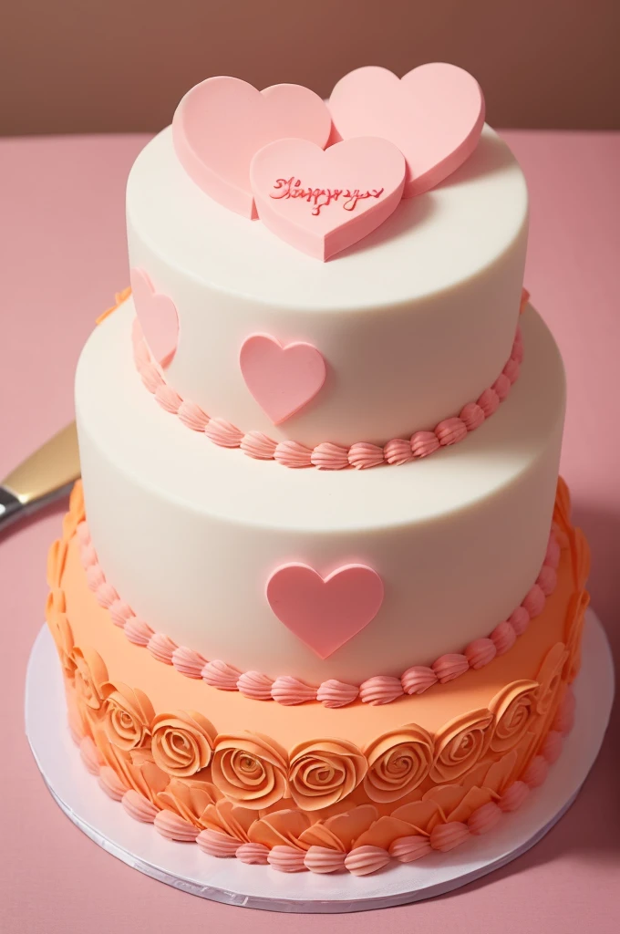 Create a three-story cake design, with two little hearts at the top, one in orange and the other in pink.. Create an image in the form of a brush drawing